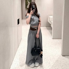 批发盐系高级感运动服套装<b class='q'>女</b>夏季显瘦时尚斜肩短袖阔腿裤休闲<b class='q'>两件套</b>潮