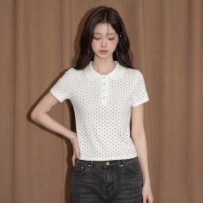 批发波点polo领<b class='q'>短袖</b>上衣<b class='q'>女</b>夏法式独特漂亮修身正肩短款<b class='q'>T</b><b class='q'>恤</b>