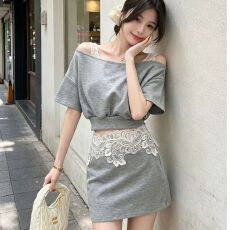 批发法式<b class='q'>轻熟</b>风洋气蕾丝拼接斜领短袖两件套套装女2026夏季新款套装裙