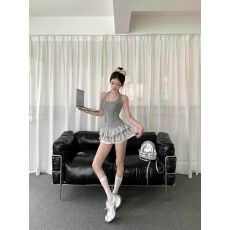 批发韩女灰色<b class='q'>拼接</b>挂脖蛋糕裙夏季新款辣妹收腰修身无袖短款<b class='q'>连衣裙</b>