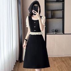 批发假两件拼接裙子女夏<b class='q'>大码</b>胖mm法式荷叶边显瘦收腰<b class='q'>连衣裙</b>