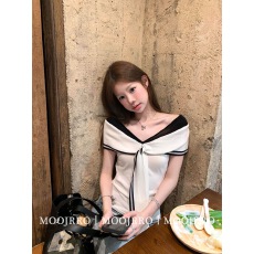 白色V领绑带海军领短袖T恤女夏季法式高级感修身收腰显瘦针织上衣
