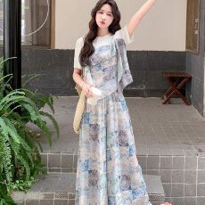 批发夏季新款韩版设计感拼接假两件<b class='q'>印花</b>短袖上衣休闲宽松阔腿裤两件套