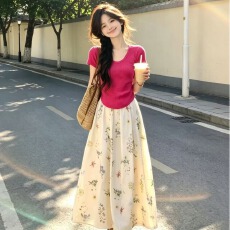 批发法式甜美裙子碎花显瘦半身裙春夏气质高腰复古百褶<b class='q'>印花</b>松紧