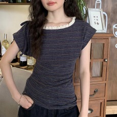 批发蕾丝花边拼接条纹短袖T恤女夏2026新款<b class='q'>韩</b>系设计感小众巨好看上衣