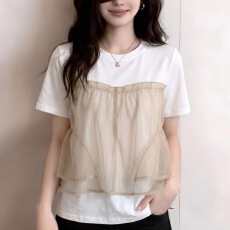 批发网纱拼接正肩<b class='q'>短袖</b><b class='q'>T</b><b class='q'>恤</b>女2026夏季新款大码胖mm洋气减龄上衣