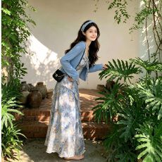 批发夏日ootd穿搭波西米亚雪纺吊带<b class='q'>连衣裙</b>针织开衫独特漂亮套装