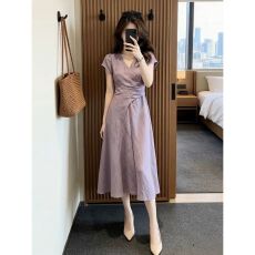 批发法式绝美紫色短袖连衣裙子女夏季2026<b class='q'>新款</b>爆款小个子收腰显瘦长裙