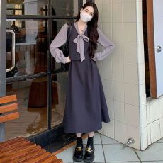 批发系带蝴蝶结假两件连衣裙女春秋大码<b class='q'>胖</b>mm<b class='q'>法式</b>高级感气质收腰中长裙