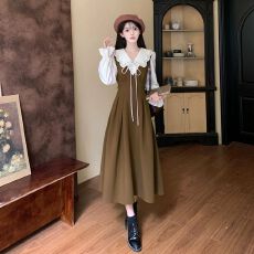 批发早秋新款大码法式假两件娃娃领连衣裙女<b class='q'>胖</b>mm<b class='q'>收腰</b>显瘦复古气质长裙