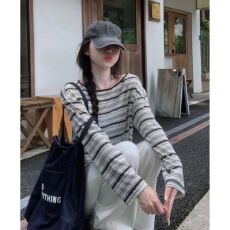 批发撞色条纹圆领长袖T恤女夏薄款防晒罩衫早秋空调衫