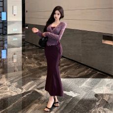 批发紫色蕾丝<b class='q'>开衫</b>修身包臀鱼尾吊带连衣裙两件套装御姐风情万种的裙子