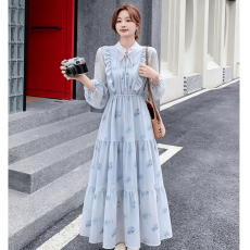 批发法式轻奢蓝冰玫瑰长裙韩国chic边松紧腰印花<b class='q'>连衣裙</b>