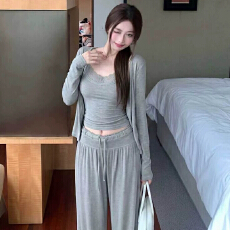 批发原版做法纯欲套装灰色长袖开衫蕾丝花边吊带春秋<b class='q'>高腰</b>阔腿裤三件套