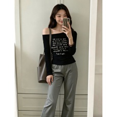 批发美式休闲风斜肩字母印花长袖女