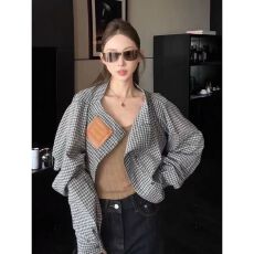 批发韩系复古不规则格纹衬衫女春秋新款