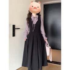 批发法式温柔风假两件polo领<b class='q'>连衣</b>裙女秋季巨好看气质收腰显瘦黑色<b class='q'>长裙</b>