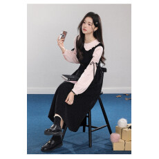 批发早秋季新款黑色娃娃领<b class='q'>长袖</b><b class='q'>连衣</b>裙女假两件好看漂亮绑带裙子