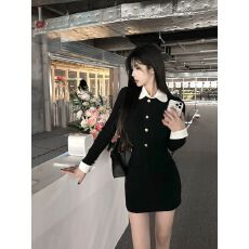 批发黑色假两件针织连衣裙子女收腰气质高级感修身包臀衬衫短裙早秋季