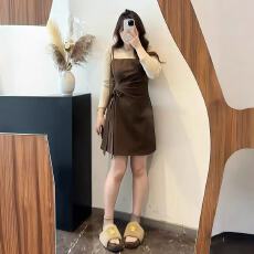 批发法式复古咖色绑带收腰长裙秋季新款胖MM<b class='q'>大码</b>气质显瘦长裙<b class='q'>连衣裙</b>女