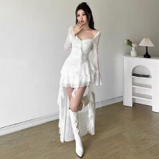 批发不规则<b class='q'>轻纱</b>连衣裙荷叶边透视感法式2026女欲超仙飘带纯