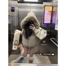 批发美式复古条纹加绒毛领连帽卫衣外套女秋冬新款慵懒风oversize上衣
