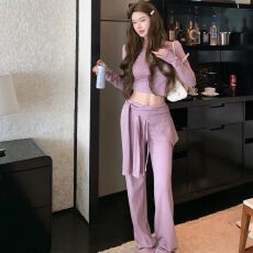 批发早秋新款松弛感韩系长袖上衣时尚百搭阔腿带屁帘<b class='q'>休闲裤</b>套装女