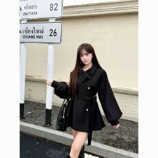 批发千金感系带收腰<b class='q'>短</b>款黑色不规则风衣<b class='q'>外套女</b>好看小个子气质毛呢大衣
