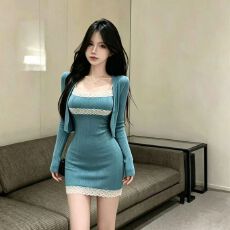批发秋季新款辣妹风蕾丝拼接吊带连衣裙女修身开衫两件套气质显瘦