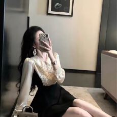 批发雅乔黑白鸣奏曲秋装新款<b class='q'>长袖</b>减龄法式复古娃娃领拼接连衣裙短