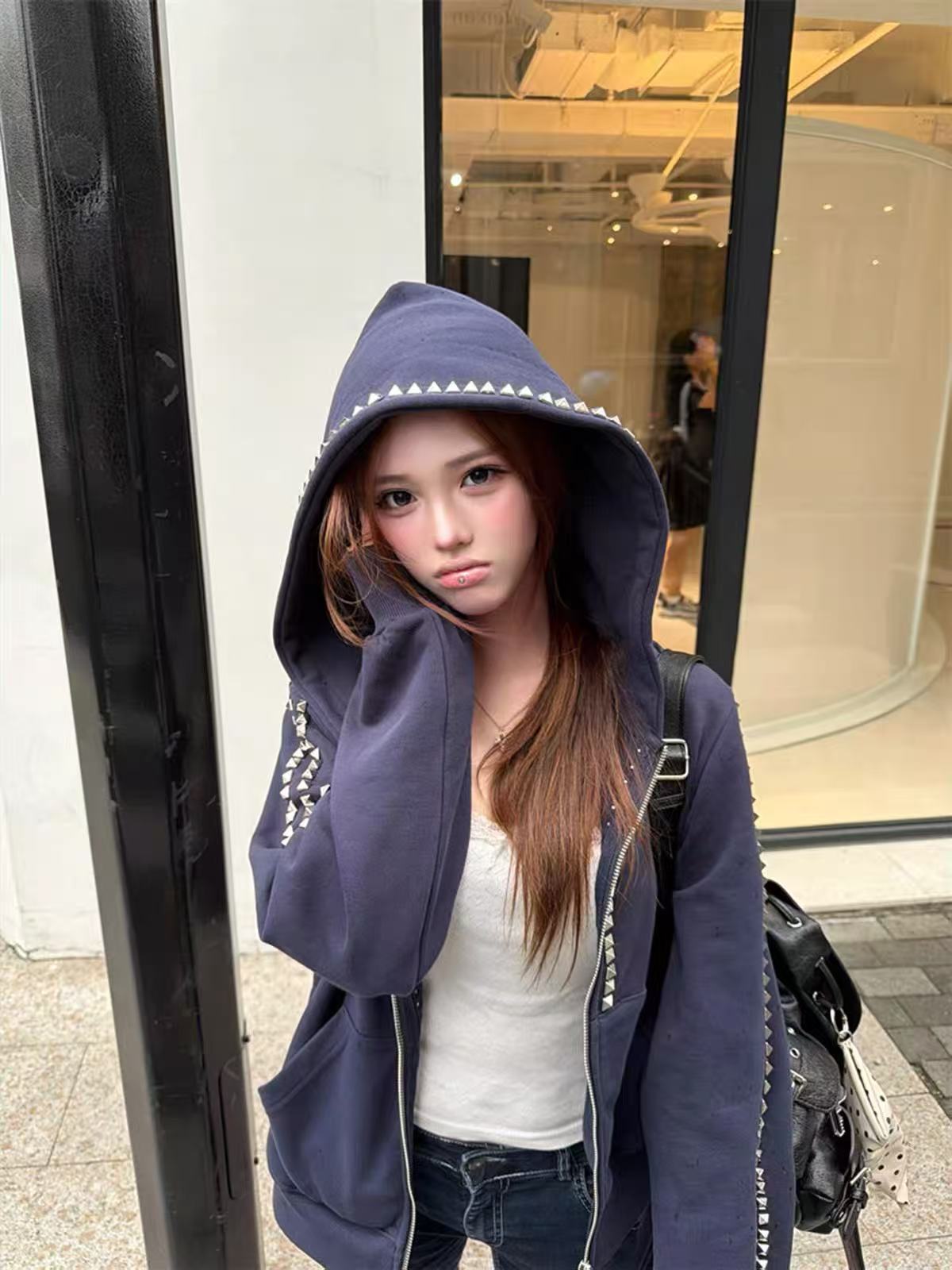 RY9575# 薄款/加绒 白金拉链+后包领纯棉华棉复合卫衣女