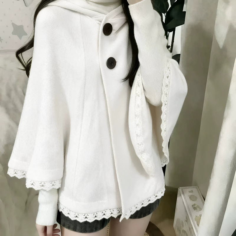 RY9574# 奶白蕾丝斗篷开衫外套女高领宽松遮肉显瘦慵懒风早秋韩系温柔显...