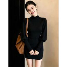 批发巨好看半高领<b class='q'>连衣裙</b>女2026秋冬新款灯笼袖褶皱收腰包臀短裙