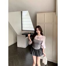 批发韩系穿搭一整套装早秋套装女娃娃领针织拼接衬衫半身裙子<b class='q'>两件套</b>装