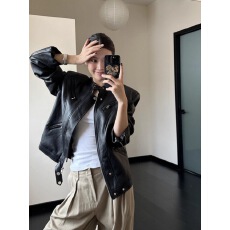 批发酷飒风黑色皮衣外套女秋<b class='q'>冬</b>复古宽松立领多拉链垫肩机车服夹克上衣