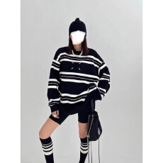 批发中长款条纹卫衣女秋冬港风新款宽松大码胖MM潮牌百搭时尚洋气上衣