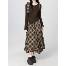 批发不规则斜肩长袖上衣<b class='q'>雪纺</b>格纹半身裙女套装薄款2025早秋新款连衣裙