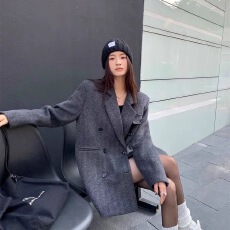 批发灰色时尚毛呢<b class='q'>西装</b>外套女秋冬款复古休闲百搭西服外套