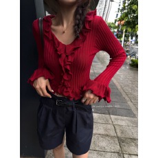 批发秋季新款韩国时尚设计感气质<b class='q'>荷叶边</b>V领喇叭袖毛针织衫显瘦上衣