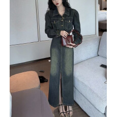 批发连衣裙设计感开衩露后腰<b class='q'>牛仔裙</b>气质收腰显瘦港风复古中长款长袖