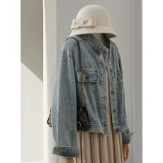 批发秋季立领美式复古做旧短款牛仔夹克外套女早秋新款甜酷风显瘦上衣