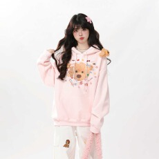 批发纯棉华棉复合牛奶丝320克后包领#配<b class='q'>小熊</b>#美式<b class='q'>小熊</b>公仔连帽<b class='q'>卫衣</b>女