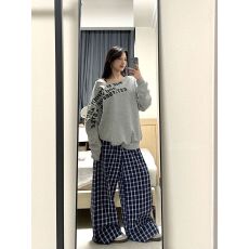 批发美式复古印花露肩长袖卫衣运动<b class='q'>套装</b>女秋季<b class='q'>休闲</b>阔腿格子裤子两件套