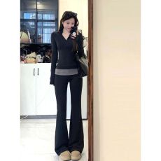 批发早秋<b class='q'>运动服</b>套装女<b class='q'>修身</b>显瘦休闲减龄灰色半拉链上衣阔腿裤两件套