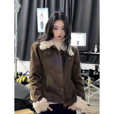 批发复古棕色收腰毛领夹克外套女秋冬设计感小众<b class='q'>修身</b>显瘦夹棉保暖上衣