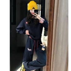 批发美式学院风休闲运动服套装女春秋高级感假两件卫衣时尚炸街两件套