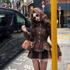 批发文艺复古宫廷风气质收腰外套上衣蝴蝶结高腰短裙显瘦高级感两件套