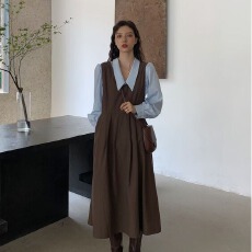 批发韩国气质压褶<b class='q'>背心连衣裙</b>女2025秋季百搭显瘦长袖翻领衬衫两件套装
