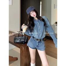 批发美式复古<b class='q'>牛仔</b>套装设计感水洗宽松长袖衬衫外套<b class='q'>高腰</b>显瘦<b class='q'>短裤</b>两件套