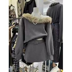 批发露肩一字领宽松上衣女长袖秋冬新款辣妹毛领<b class='q'>时尚</b>套<b class='q'>装</b>辣妹半身短裙